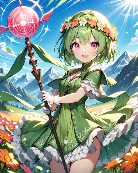 a girl in a green dress holding a pink flower and a wand