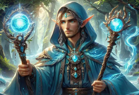 hyper detailed masterpiece, dynamic, awesome quality,  orbstaff male  early twenties sleek, native hawaiian, light brown eyes,   wide chin,  asymmetrical cheeks, narrow forehead,  sculpted cheekbones, , pastel blue wavy hair hair, regret,  holding a sacred relic aloft, channeling its sacred energies,      druid, healing waters , balancing on a narrow precipice, honing balance and magical stability, radiant aura, <lora:XL_Weapon_Orbstaff_-_By_HailoKnight:1>