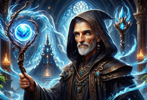 a man in a black robe holding a blue crystal ball