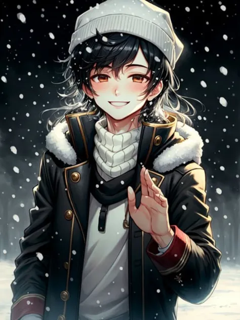 tomboy, black hair, jacket, smiling, waving, hat, snowing, beautiful, cute, blushing, dappled with sunlight, cold breathing