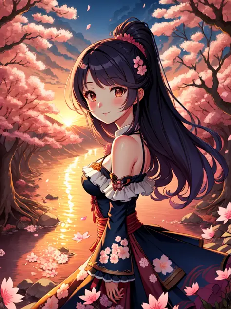 A remarkably beautiful young woman, illustrated by Hidenori Matsubara, surrounded by a vibrant fantasy landscape, with cherry blossom petals falling around her, illuminated by a warm and inviting sunset, featuring detailed and stylized character designs, smooth shading and textures, and a subtle glow.