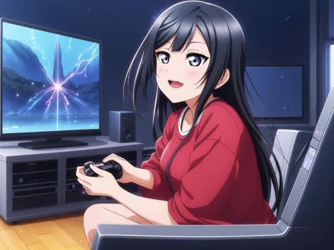 anime girl sitting in chair playing a video game on a tv