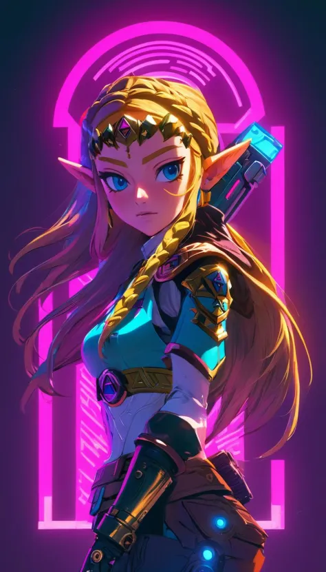 Zelda, (reimagined in a cyberpunk universe), (cyberpunk style), (cyberpunk), (cyberpunk outfit),  (punk hair), augmentation, cyb...