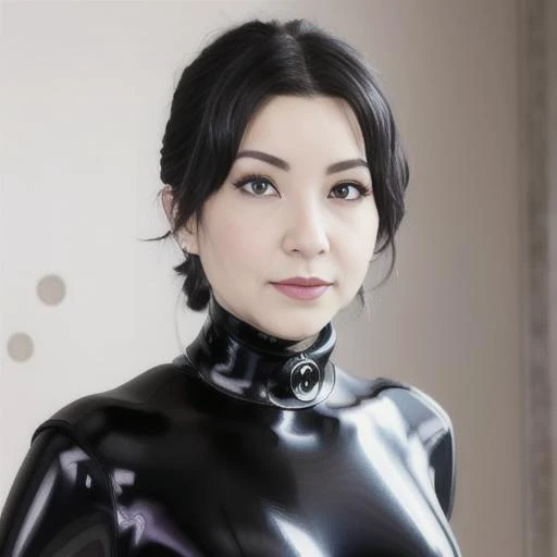 a close up of a woman in a latex outfit posing for a picture