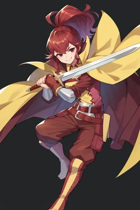 a woman in a red outfit holding a sword and a yellow cape