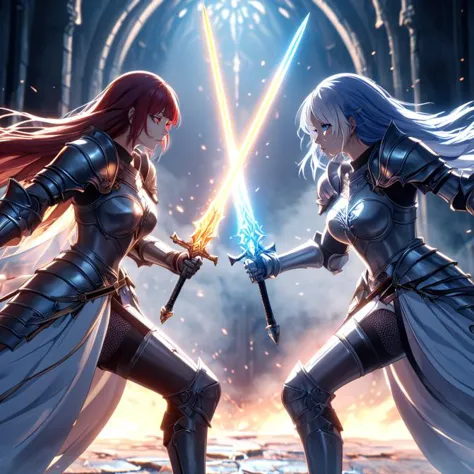 two women in armor holding swords in a dark room