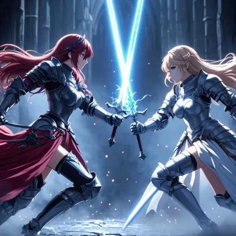 two anime girls with swords in a dark forest