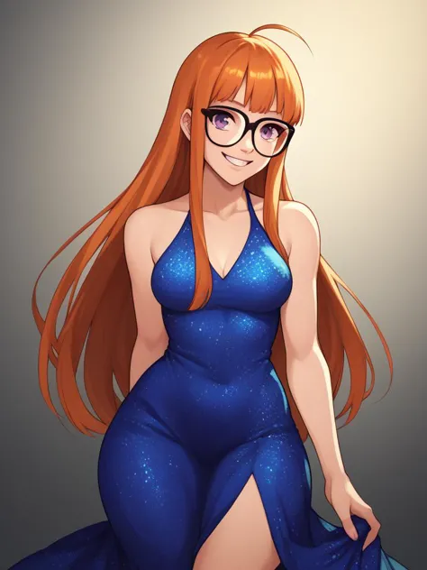 a cartoon image of a woman in a blue dress and glasses