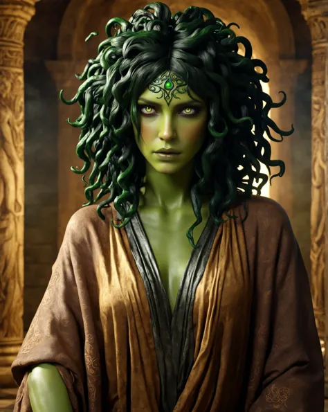 Fairy tale realistic photograph of Medusa, (wearing ragged brown cloth robe:1.2),  (green skin), black hair , glowing eyes, standing in her temple, volumetric light  . Magical, fantastical, enchanting, storybook style, highly detailed