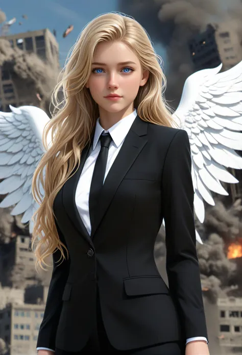 view of the distance, (20 years old, woman, blond long wavy hair, blue eyes, tsurime, slendar, black business suit, black necktie, white wings), in the end of the world, at the doomsday