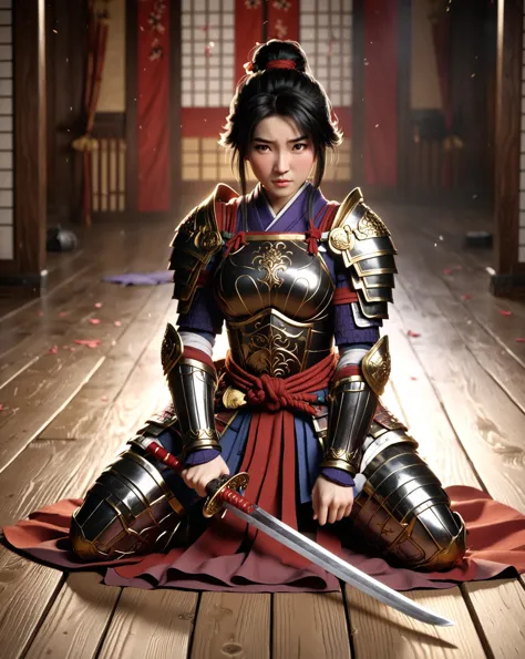 Role-playing game (RPG) style fantasy 1girl, female Mulan in samurai armor kneeling on the floor holding a sword with both hands...