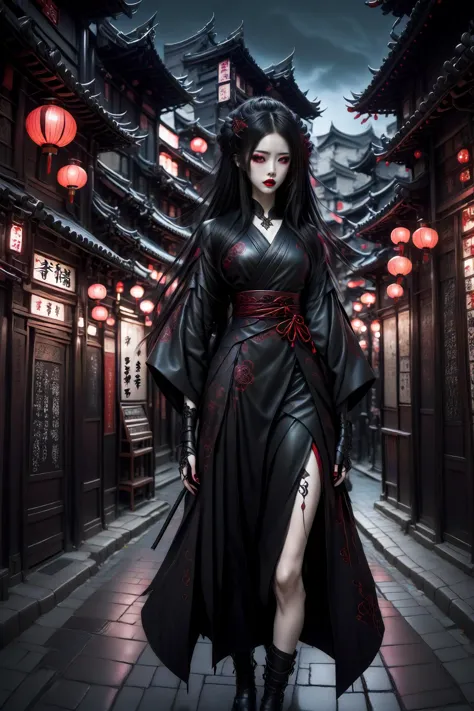 (full body shot:1.2), hero view,
1girl, toned, a mysterious japnanese woman,, dark gothic modern city filled with gothic buildings, neon signs,glowing lanterns, black leather japanese clothes, long hair, hair sticks, lipstick, makeup, jewelry, eyeshadow, red lips,
 <lora:beautiful_girl_ver2:0.8> majicmix_style <lora:Goth_SDXL_V1:0.6> goth person <lora:PE_NeonSignStyle:0.1>   <lora:Fflix-Geisha:0.8> fflix-geisha