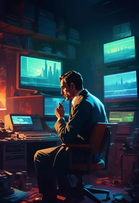 by syd mead by James Gilleard sherlock holmes, holding smoking pipe watching monitors, multiple multiple monitors, hologram, messy room, shadow, dim light, dark room. messy, detailed background, science fiction, cyberpunk retro dystopian futuristic