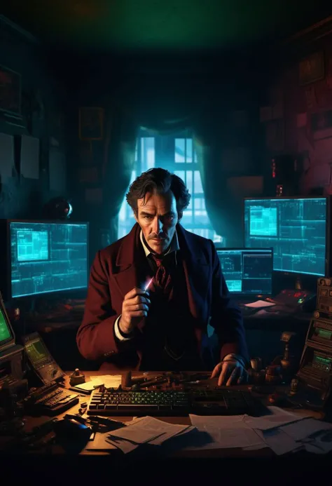 sherlock holmes, holding smoking pipe watching monitors, multiple multiple monitors, hologram, messy room, shadow, dim light, dark room. messy, detailed background, science fiction, cyberpunk retro dystopian futuristic