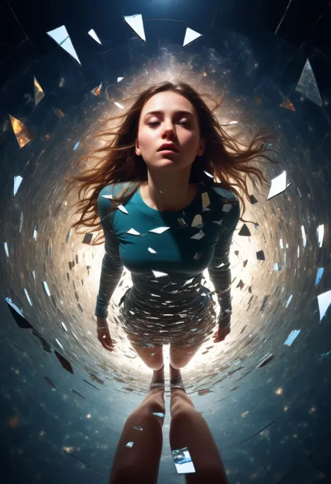 a young woman 
in a universe made of mirror, shattered perspective from above
shadows
dramatic lighting