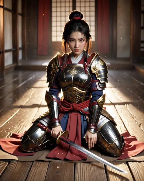 Role-playing game (RPG) style fantasy 1girl, female Mulan in samurai armor kneeling on the floor holding a sword with both hands...