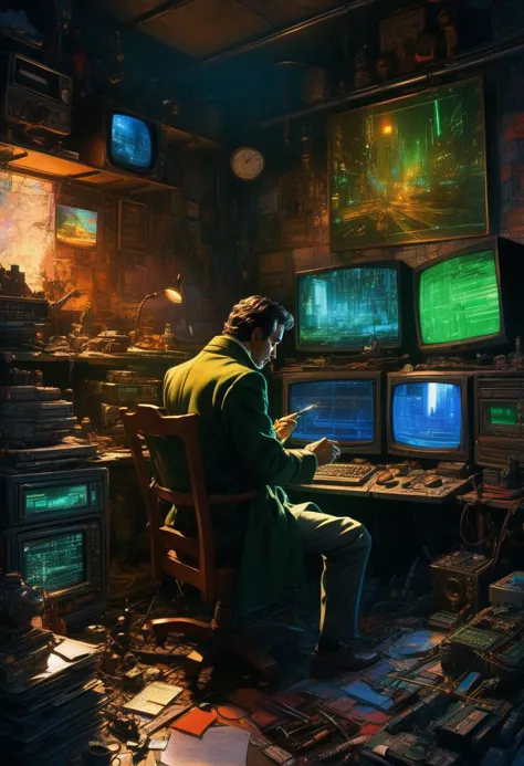 anime by Noriyoshi Ohrai
sherlock holmes, holding smoking pipe watching monitors, multiple multiple monitors, hologram, messy room, shadow, dim light, dark room. messy, detailed background, science fiction, cyberpunk retro dystopian futuristic