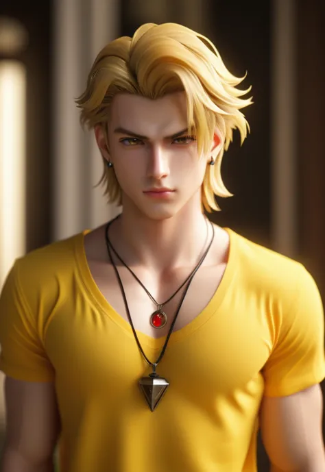 i want the whole image to be created in 3D anime style, solo, looking at viewer, blonde hair, shirt, 1boy, jewelry, collarbone, upper body, male focus, earrings, collared shirt, necklace, blurry, lips, depth of field, pectorals, portrait, pendant, yellow shirt, realistic, birthmark, dio brando