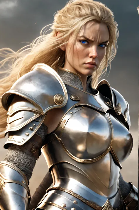 [Freydís Eiríksdóttir | Freja Mjolner], 40 year old Norse woman, 1girl, tough, rugged, blues eyes, blonde hair, wearing armor, holding a sword and shield, perfect eyes, fit, athletic, looking to the left, head turned to the side, full body, goddess, not of this world, myth, ethereal, <lora:fix_hands:1>