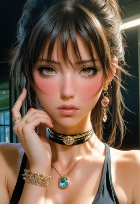 by Noriyoshi Ohrai 
1girl, young, detailed face  
  looking at viewer, blush, bangs,  jewelry,  sweat, earrings,  choker,   
cleavage , hands on face