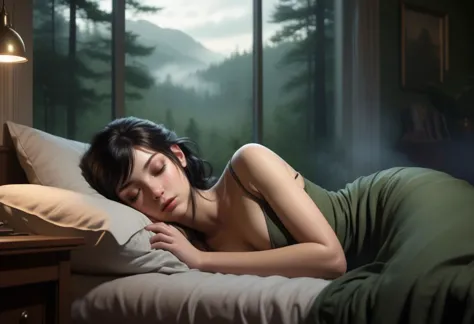 3D anime by adam hughes 
a young woman 
 sleepy smoky eyes  beautiful ,  
cozy, lying  in a room with a view of a forest
green t...