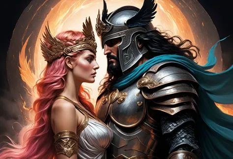 Pastel drawing Persephone and Hades Portrait, Love in Darkness , Greek Mythology goddess of wisdom, courage, skill and strategic warfare Warrior dressed as a warrior with Armor Art Print Greek Mythology style of Exotic Style Paul Kenton style