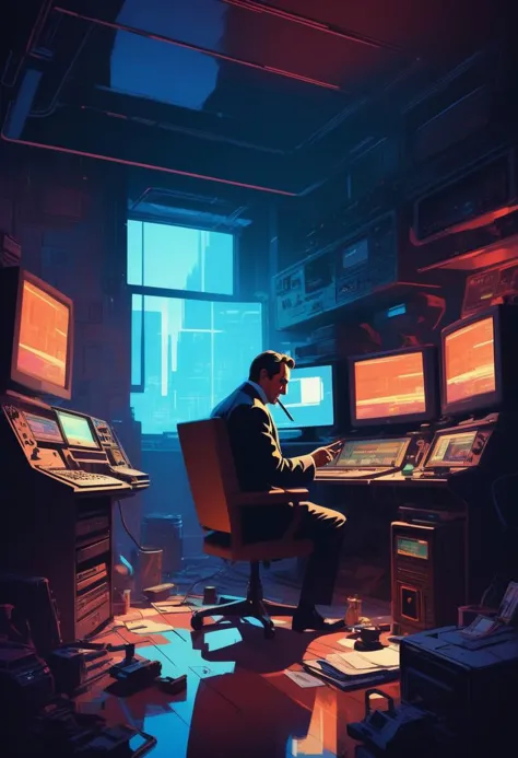 by syd mead by James Gilleard sherlock holmes, holding smoking pipe watching monitors, multiple multiple monitors, hologram, mes...