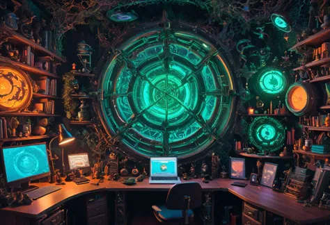 ((dawn)), undersea, magical cauldron, trees, absurd detailed, board, (witch on desktop magical:2), cockpit, flight instruments, network, paper works on desk, bookshelf, mirror, door,(camera,engine:1), ((colorful neon lamp)), intricate details, detailed,(octagon:0.5), photo