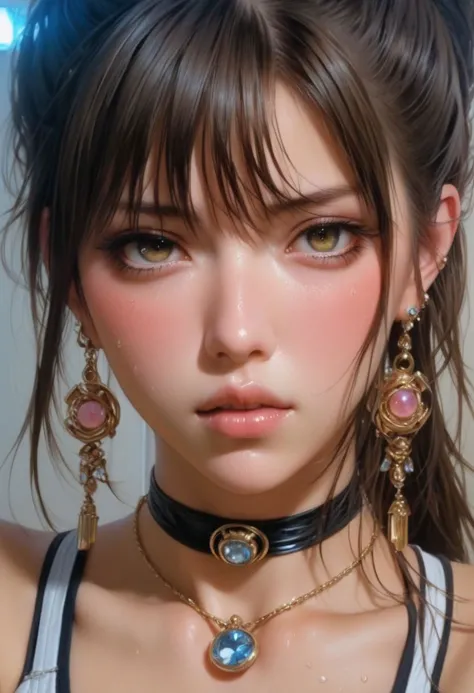 by Noriyoshi Ohrai 
1girl, young, detailed face  
  looking at viewer, blush, bangs,  jewelry,  sweat, earrings,  choker,   
cleavage , hands on face