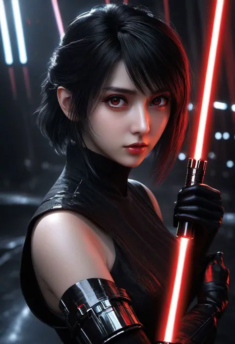 ultra wide angle, in focus, dark epic background, gorgeous lifelike, dynamic pose, a young lady, <lora:ladybug:0.65>, (highly detailed face and eyes:1.3), arrogant expression, holding red lightsaber in his hand, medium shot, hyper details, lighting art, cinematic, insane details, intricate details, hyperdetailed, goth, fractal, dark shot, small boobs, full body