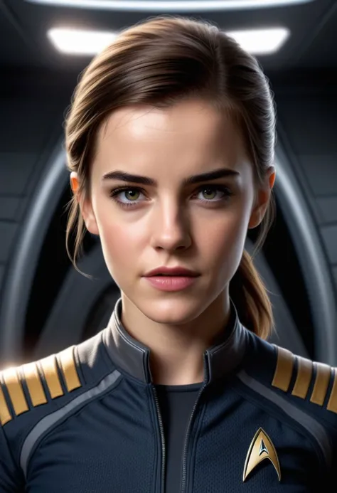 1girl
 emma watson as a captain in star trek uniform bridge  
 solo,  looking at viewer,   tongue out,, portrait, realistic