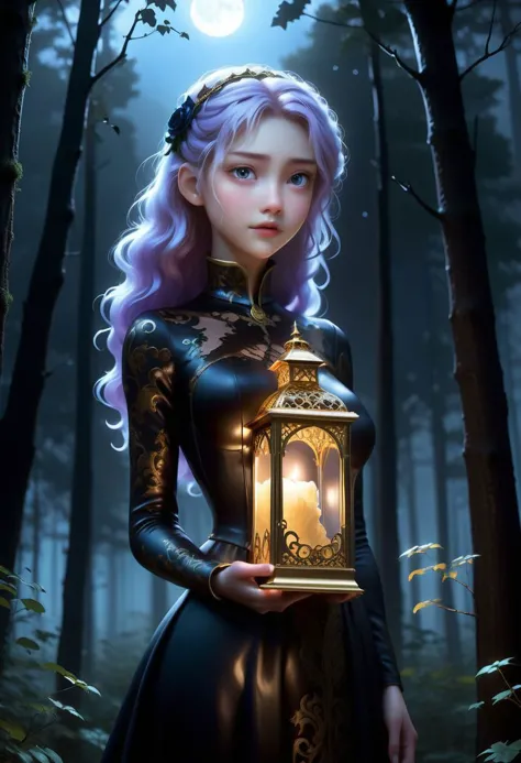 pixar style
by moebius beautiful, anime , 1 female , baroque dark art,, upper body looking at viewer, night, woods , moonlight g...