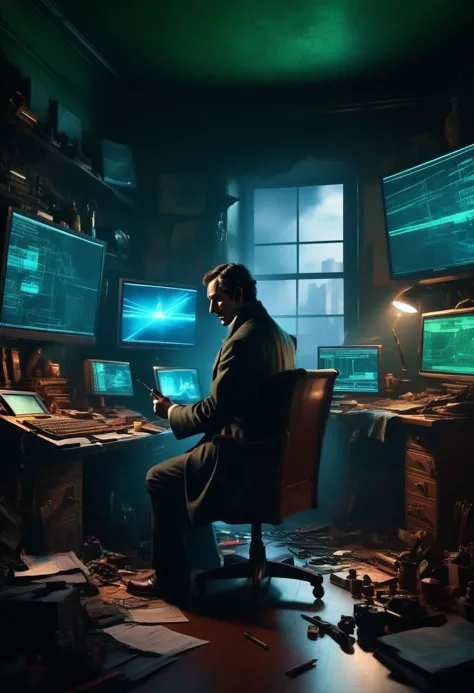 sherlock holmes, holding smoking pipe watching monitors, multiple multiple monitors, hologram, messy room, shadow, dim light, dark room. messy, detailed background, science fiction, cyberpunk retro dystopian futuristic