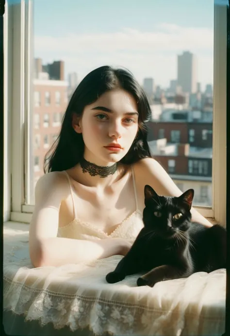 a cute girl, 22 years old, black hair, pale skin, buff, choker, vintage, faded film, film grain, polaroid, cute apartment, window, city,
best quality, high quality, masterpiece, detailed, realistic, 1girl, solo, laying with cat, peaceful, pale skin, parted lips, detailed long hair, Embroidered wedding dress, strapless, bare shoulders, perfect anatomy, perfect hands, good hands, green carpet, break depth of field, bokeh,