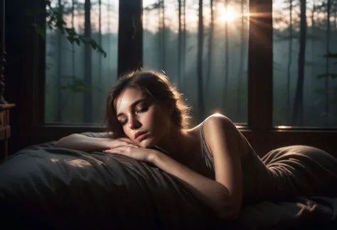 a young woman 
 sleepy smoky eyes  beautiful ,  
cozy, lying  in a room with a view of a forest
dark art , dim light, rim light,...