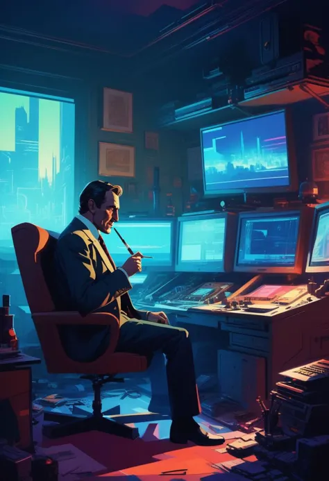 by syd mead by James Gilleard sherlock holmes, holding smoking pipe watching monitors, multiple multiple monitors, hologram, messy room, shadow, dim light, dark room. messy, detailed background, science fiction, cyberpunk retro dystopian futuristic