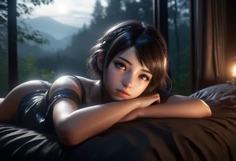 3D anime
a young woman 
 sleepy smoky eyes  beautiful ,  
cozy, lying  in a room with a view of a forest
dark art , dim light, rim light, dark shadows, dramatic lighting,