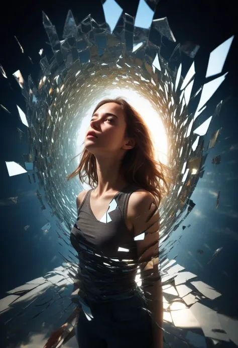 a young woman 
in a universe made of mirror, shattered perspective from above
shadows
dramatic lighting