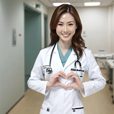 (cowboy shot), 1girl, (heart hands:1.4), smiling, beautiful Japanese female doctor wearing labcoat, slim, thin waist, beautiful detailed face, brown long hair, pale skin, realistic skin, detailed cloth texture, detailed hair texture, Perfect proportion, Beautiful Face, accurate, Anatomically correct, Highly detailed face and skin texture , looking at viewer , modern hospital ward, photorealistic , masterpiece, best quality