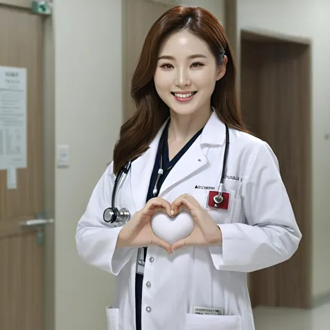 (fullbody shot), 2girls, (heart hands:1.4), smiling, beautiful Korean female doctor wearing labcoat, kb3auty, beautiful detailed face, brown long hair, pale skin, realistic skin, detailed cloth texture, detailed hair texture, Perfect proportion, Beautiful Face, accurate, Anatomically correct, Highly detailed face and skin texture , looking at viewer , modern hospital ward, photorealistic , masterpiece, best quality