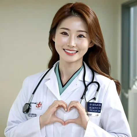 (fullbody shot), 2girls, (heart hands:1.4), smiling, beautiful korean female doctor wearing labcoat, kb3auty, beautiful detailed...