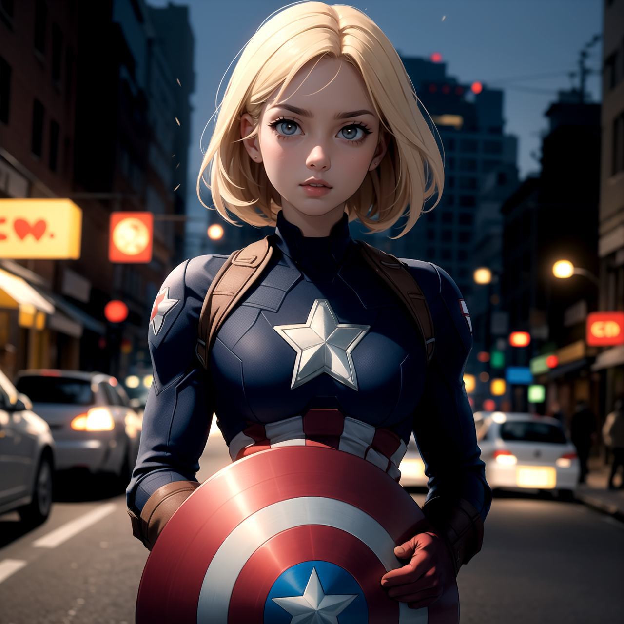 A close up of a woman in a captain america costume - SeaArt AI