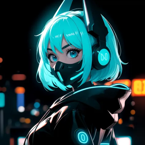 (frontal view, facing viewer:1.2), centered, masterpiece, face portrait, | 1girl, solo, aqua hair color, short hairstyle, light blue eyes, | (neon wireless headphones headset:1.2), (black neon futuristic mouth mask:1.2), dark blue hoodie, | futuristic city...