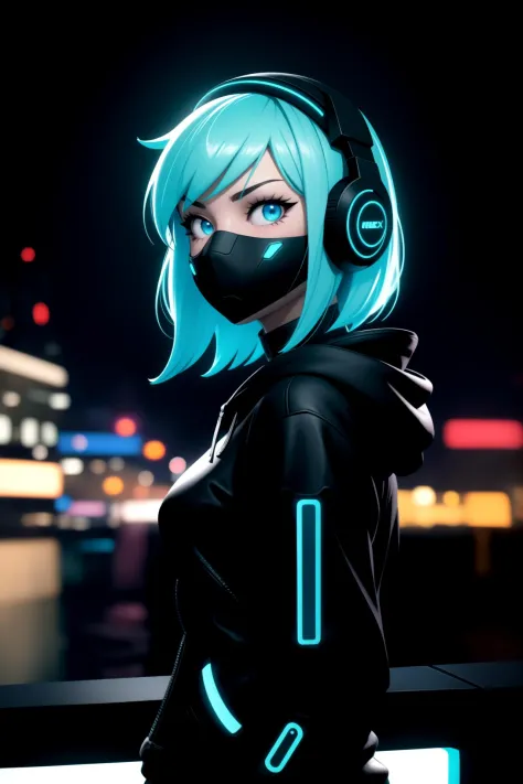 (frontal view, facing viewer:1.2), centered, 3d, 3d model, unreal engine, | digital face portrait, | 1girl, solo, aqua hair color, short hairstyle, light blue eyes, | (neon wireless headphones headset:1.2), (black neon futuristic mouth mask:1.2), dark blue hoodie, | futuristic city lights, sunset, buildings, urban scenery, neon lights | bokeh, depth of field,