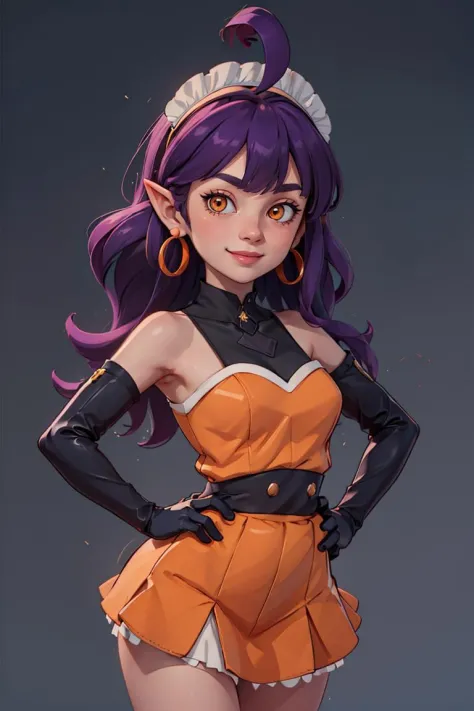 centered, award winning upper body portrait, cowboy shot, (looking at viewer:1.2), |
<lora:Stardust_Pumpkins_Citron_OC_Anime:0.8>, Stardust_Pumpkins_Citron_OC, 
1girl, solo, long purple hair,  orange eyes, ahoge, pointy ears, orange dress, elbow gloves, bare shoulders, maid headdress, jewelry, earrings, 
solo, smiling, 
hands on hips, contrapposto, 
| 
| bokeh, depth of field, cinematic composition, |