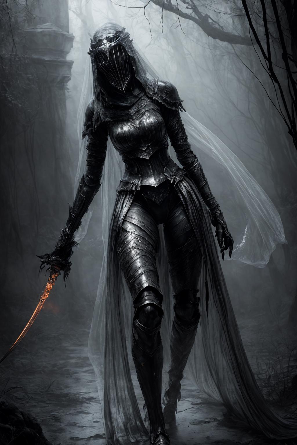 A woman in a black dress holding a sword in a dark forest - SeaArt AI