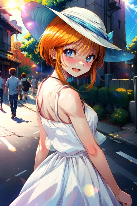 a woman in a white dress and hat standing on a street