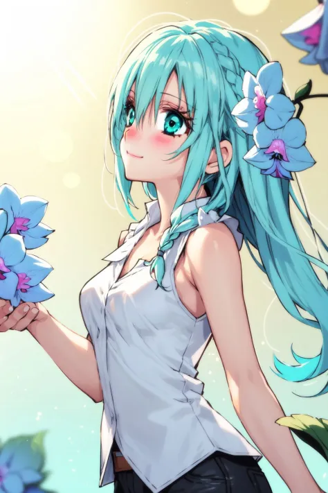 cowboy shot, solo, 1girl, looking away, smile, blush, medium breasts, aqua hair, side braid, green eyes, beautiful detailed face, ultra detailed eyes, cream sleeveless shirt, lens flare, Phalaenopsis \(flower\), floral background 