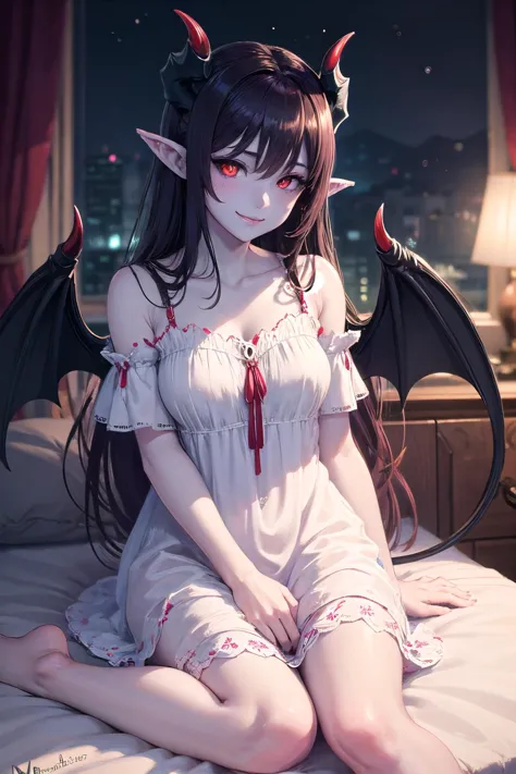<lora:mgedemon-000005:1>, mgedemon, wings, tail, light smile, colored skin, nightgown, white dress, blue sclera, indoors, bed, o...