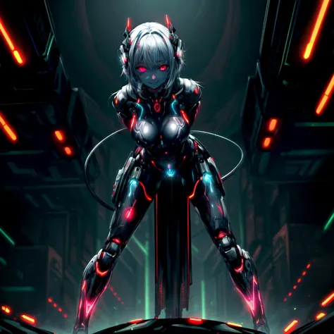 a beautiful robotic cyberwoman, (short white hair: 1), mgedemon, (body suit made of thousands of glowing transistors: 1.4), deli...